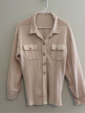 Beige Button-Front Women's Knit Shirt Jacket